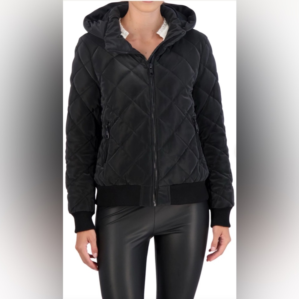 Hooded Quilted Carbon Puffer‎ Bomber Jacket Large